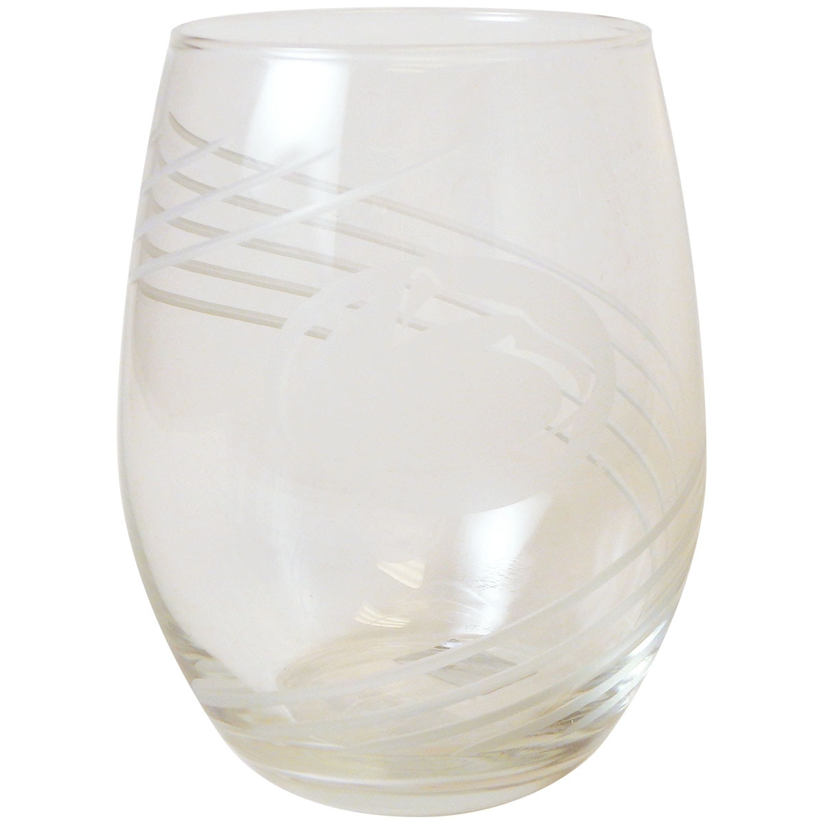 stemless wine glass with athletic logo and swirl image